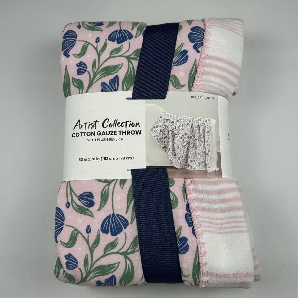 Artist Collection Cotton Gauze Throw Plush Reverse Pink Floral Blanket 60x70